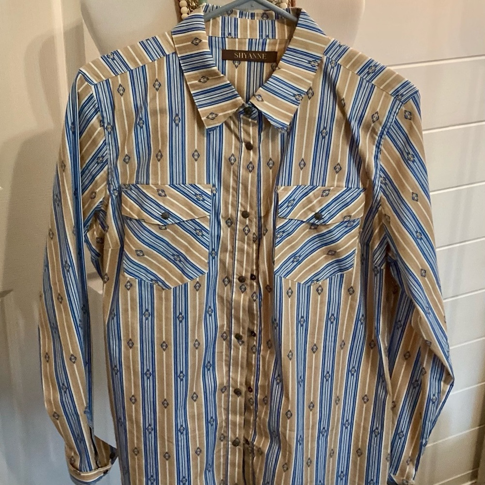 Shyanne Ladies Western Blue and Tan Striped Button-Up Shirt